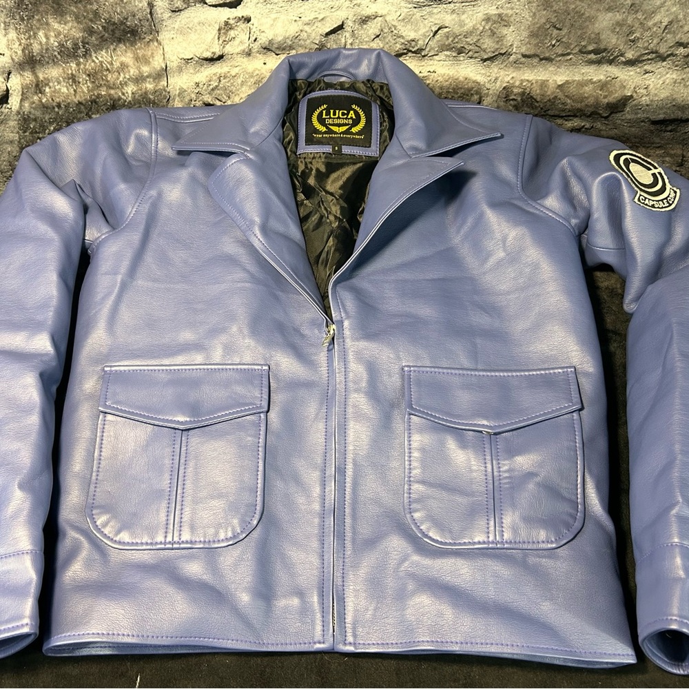 Future Trunks Capsule Corp DB Purple Blue Leather Jacket Half Zip Size S